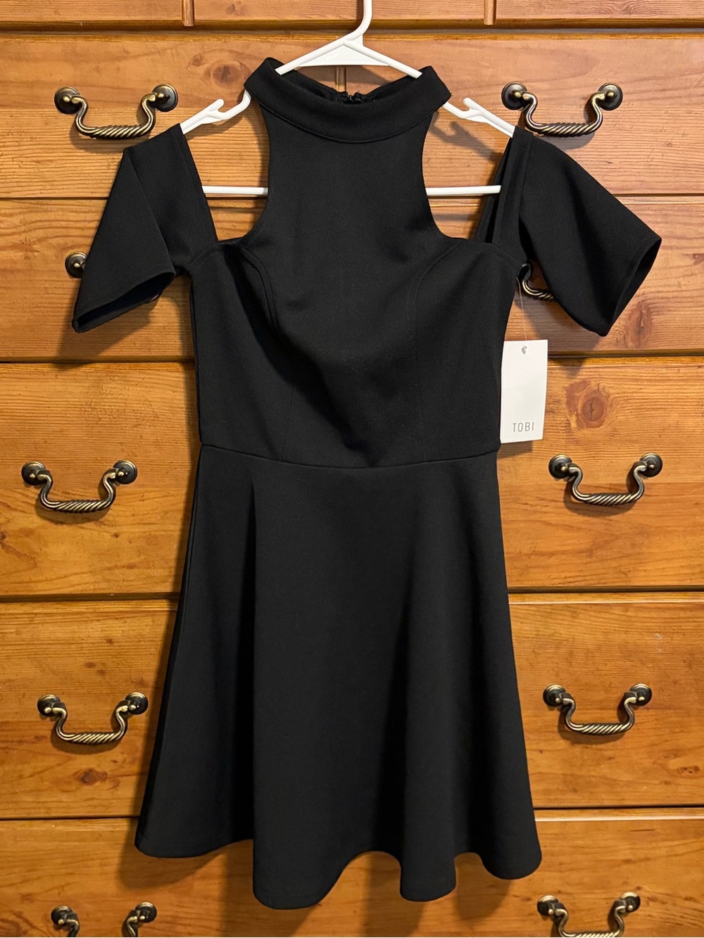 Tobi Black Cold-Shoulder Mock Neck Fit & Flare Mini Dress